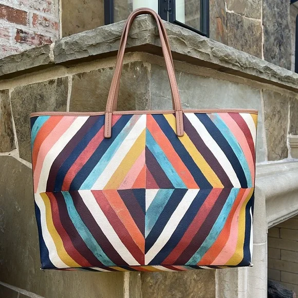 Tory Burch Chevron Leather Tote Bag. Multi-colored. - Picture 3 of 8